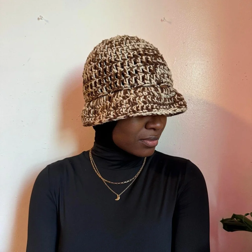 Vintage Handmade Crochet Bucket Hat Brown Cream Chunky Knit Rolled Brim Hat